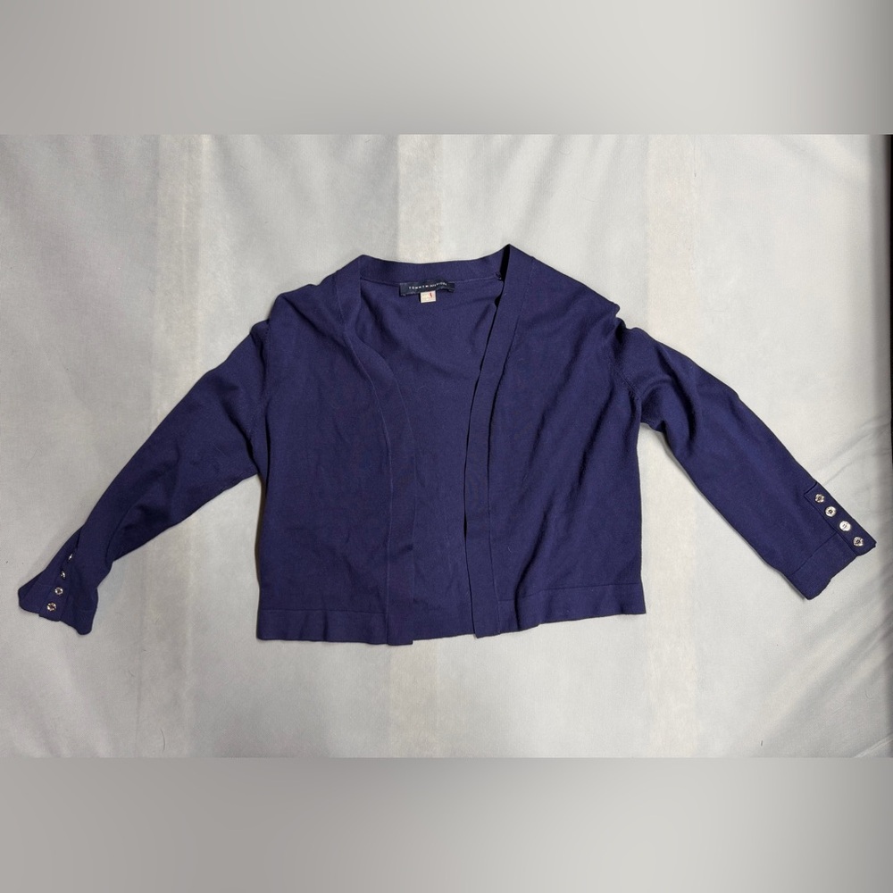 Tommy Hilfiger Deep Blue Open Front Cardigan with Gold Buttons on Sleeves